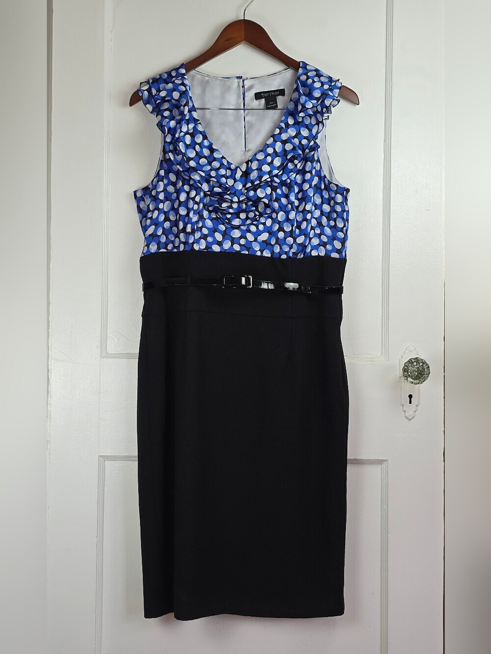 White House Black Market Black and Blue Ruffled Sheath Dress 12